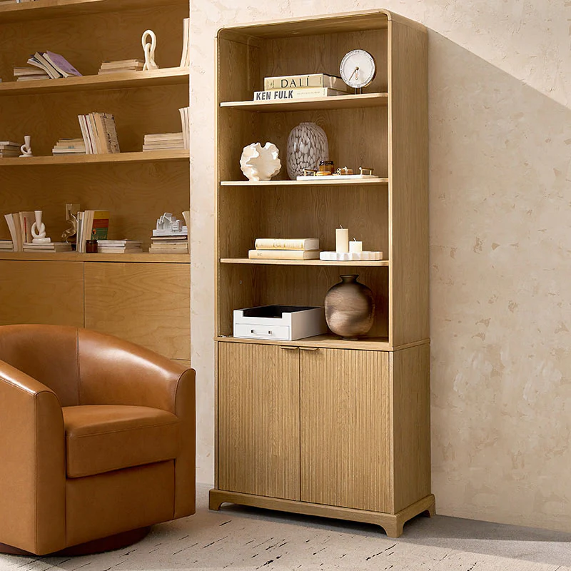 Silvia Modern Wood Veneer Bookcase with LED Lighting & Gold Accents - Image 2