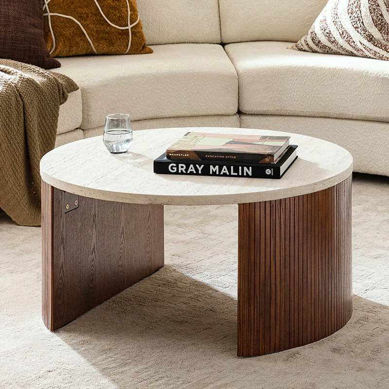 Telmo Modern Travertine Coffee Table with Fluted Wood Legs - Image 10