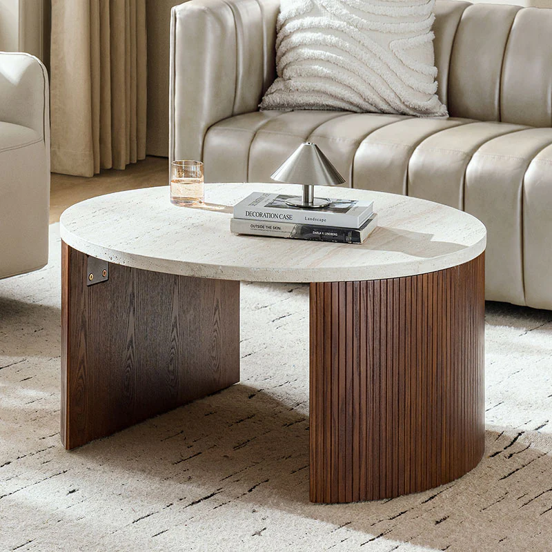Telmo Modern Travertine Coffee Table with Fluted Wood Legs - Image 11