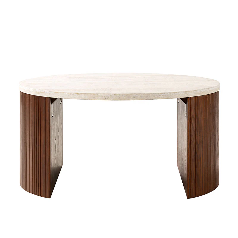 Telmo Modern Travertine Coffee Table with Fluted Wood Legs - Image 13