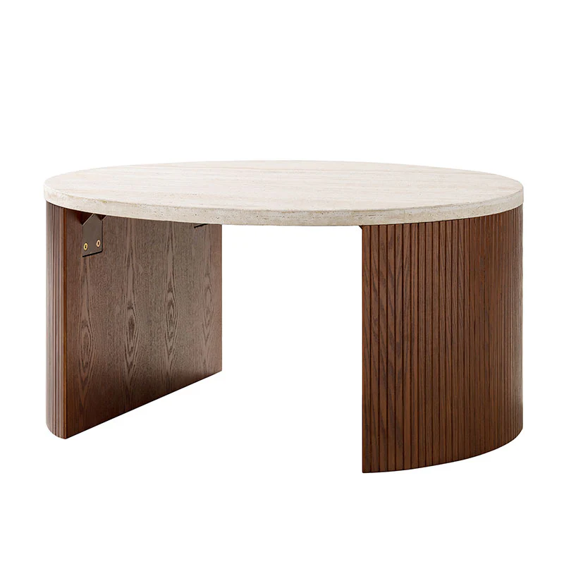 Telmo Modern Travertine Coffee Table with Fluted Wood Legs - Image 14