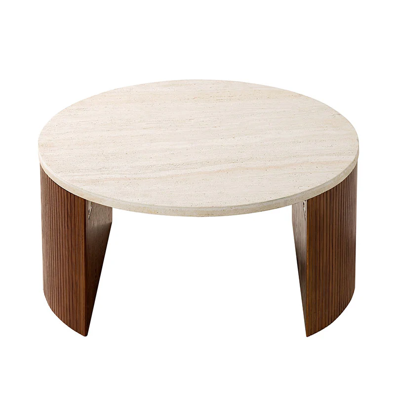 Telmo Modern Travertine Coffee Table with Fluted Wood Legs - Image 15