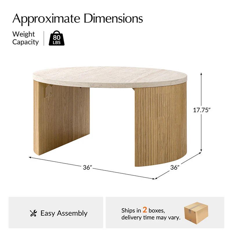 Telmo Modern Travertine Coffee Table with Fluted Wood Legs - Image 3
