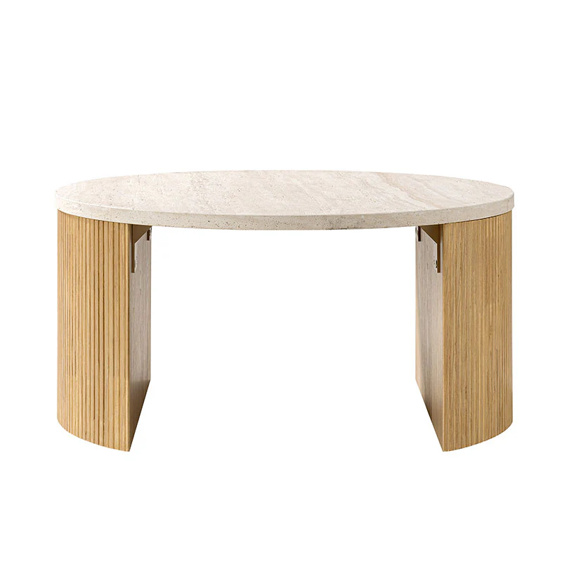 Telmo Modern Travertine Coffee Table with Fluted Wood Legs - Image 4