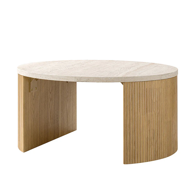 Telmo Modern Travertine Coffee Table with Fluted Wood Legs - Image 5