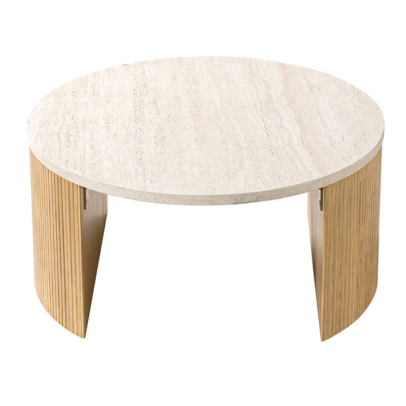 Telmo Modern Travertine Coffee Table with Fluted Wood Legs - Image 6