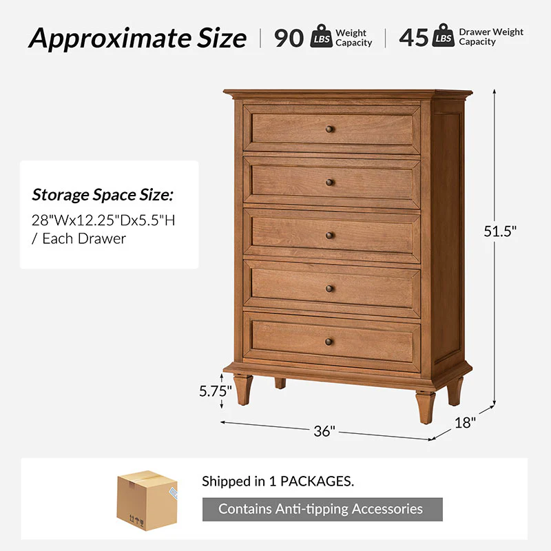 Transitional 5-Drawer Chest Dresser with Solid Wood Frame - Image 3