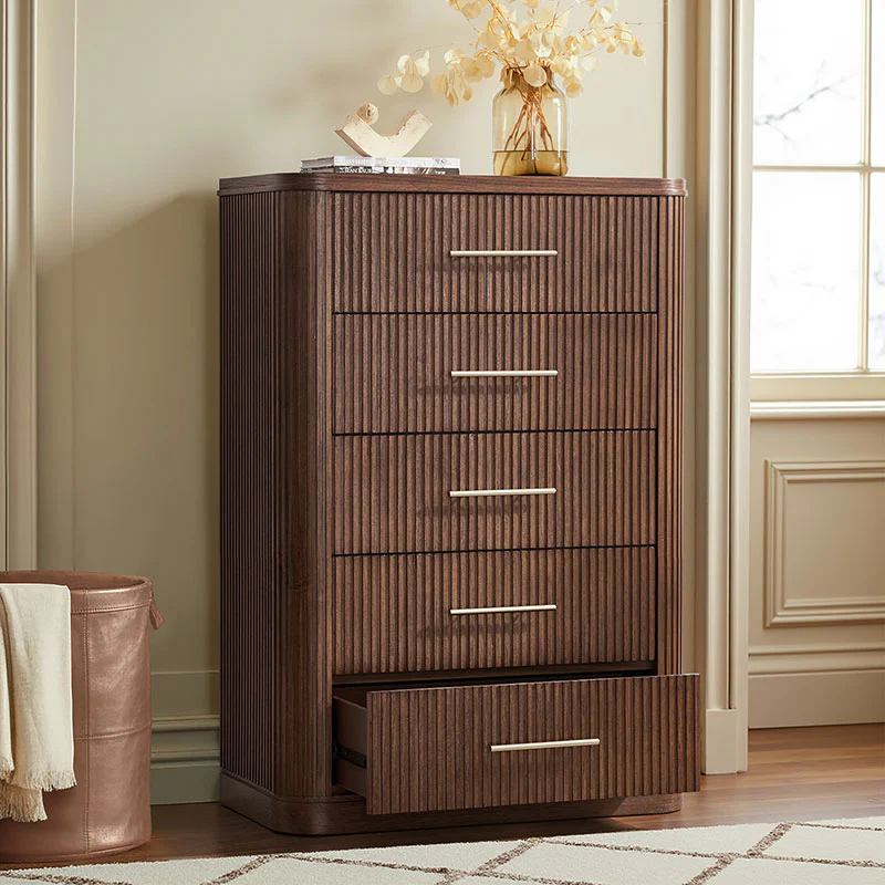 Verral Modern Solid Wood Fluted Chest with 5 Drawers & Oak Texture - Image 10