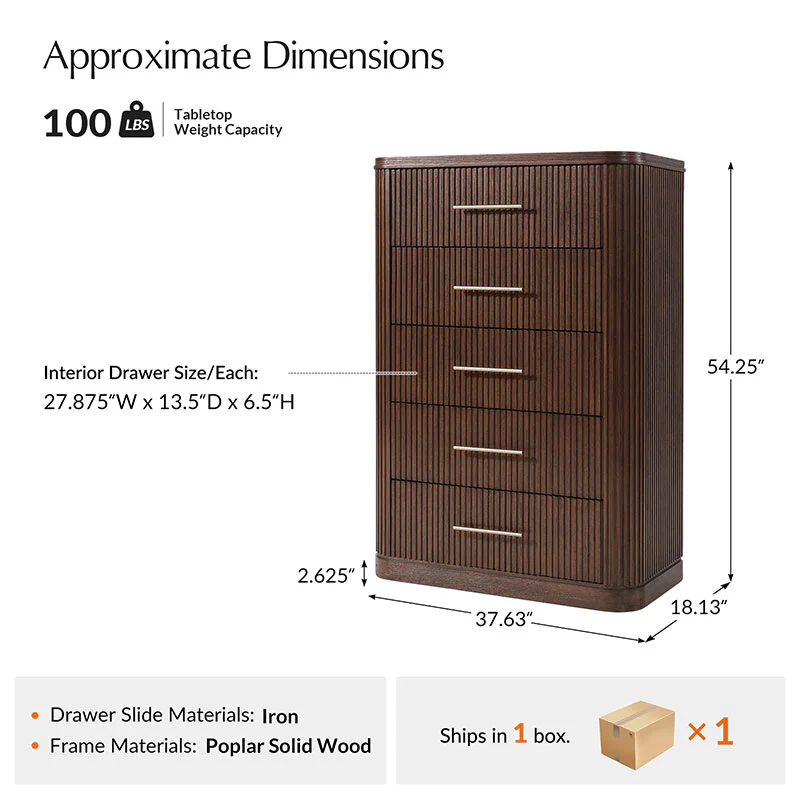 Verral Modern Solid Wood Fluted Chest with 5 Drawers & Oak Texture - Image 11