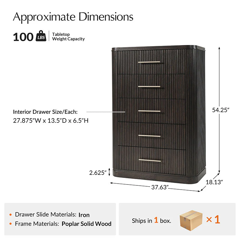 Verral Modern Solid Wood Fluted Chest with 5 Drawers & Oak Texture - Image 19
