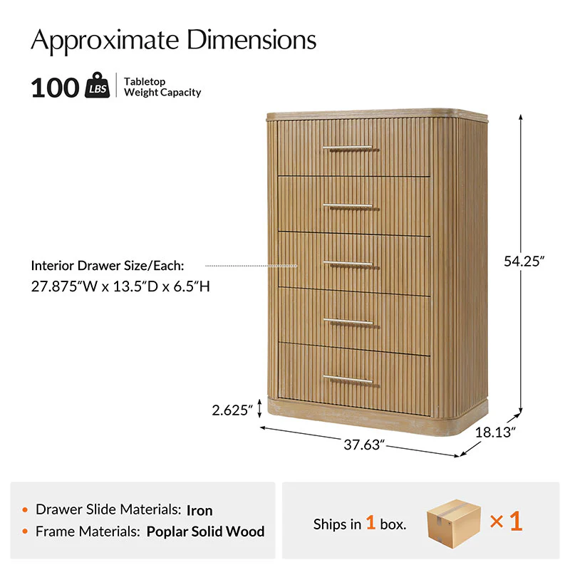 Verral Modern Solid Wood Fluted Chest with 5 Drawers & Oak Texture - Image 3