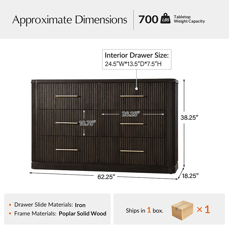 Verral Modern Solid Wood Fluted Dresser with 6 Drawers & Oak Texture - Image 11