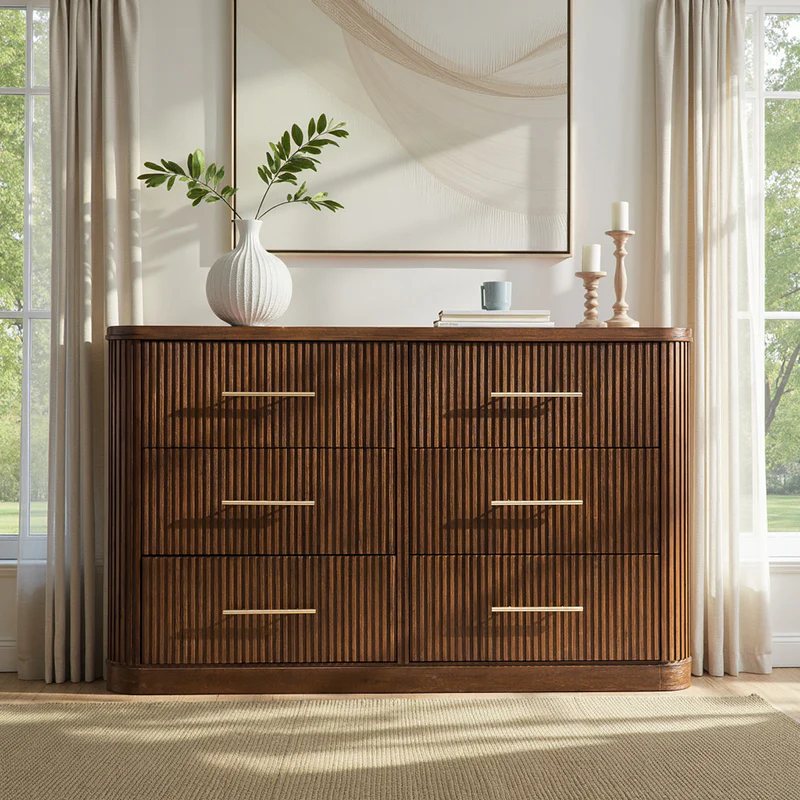 Verral Modern Solid Wood Fluted Dresser with 6 Drawers & Oak Texture - Image 16