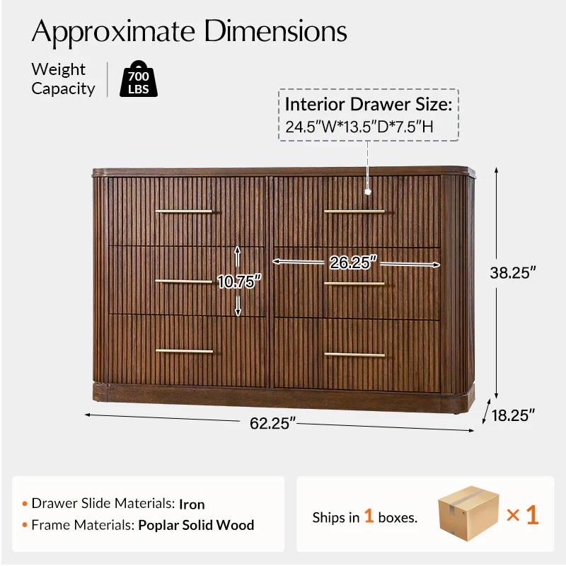 Verral Modern Solid Wood Fluted Dresser with 6 Drawers & Oak Texture - Image 18