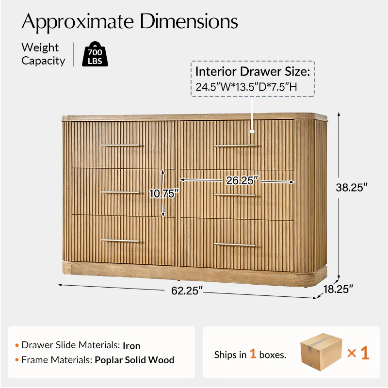 Verral Modern Solid Wood Fluted Dresser with 6 Drawers & Oak Texture - Image 3
