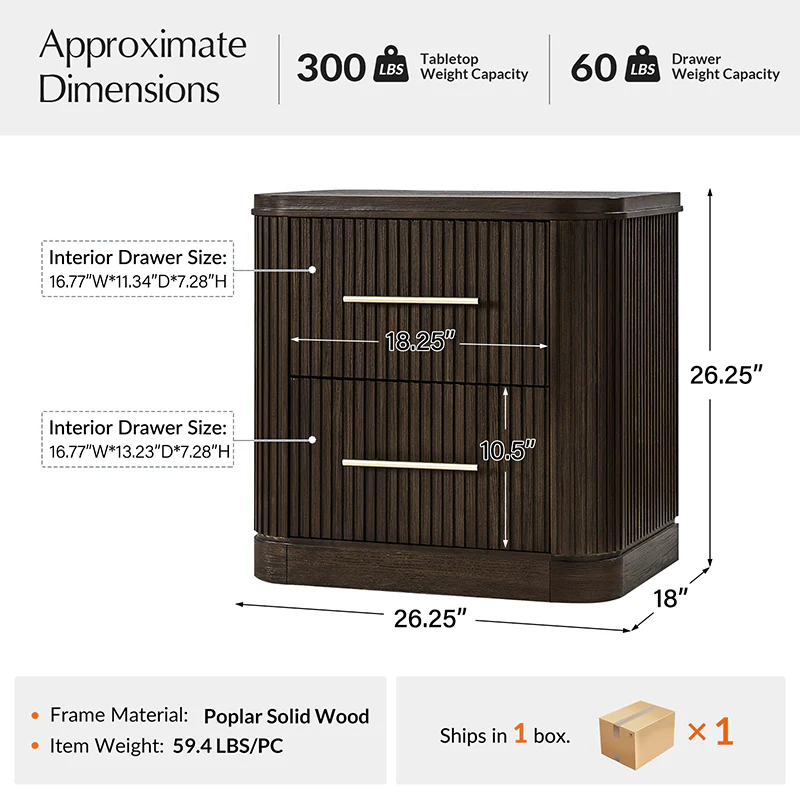 Verral Modern Solid Wood Fluted Nightstand with USB & Oak Texture - Image 33