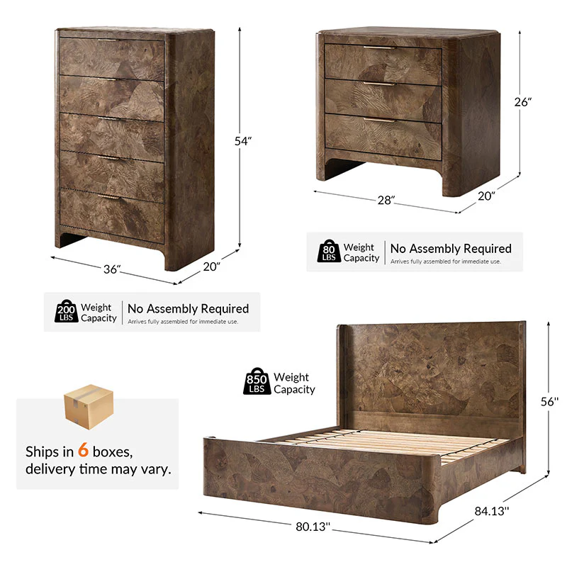 Virel 4-Piece Modern Marquetry Bedroom Set with 5-Drawer Chest - Image 3
